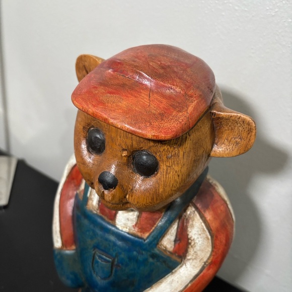 Hand Carved Wooden Bear Sculpture Door Stop Folk Art Patriotic Cabin Decor Vtg - Picture 4 of 16